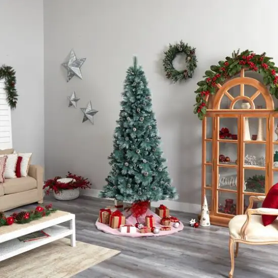 8ft. Pre-Lit Frosted British Columbia Mountain Pine Artificial Christmas Tree, Clear Lights {11}