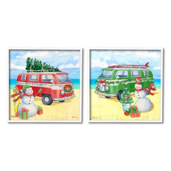 Stupell Industries Coastal Christmas Holiday Beach Snowmen 2 Piece Framed Giclee Art Set White {1}