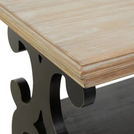 Black Wood Scroll Side Frames 2 Shelves Console Table with Brown Wood Top 38" x 15" x 32" {5}