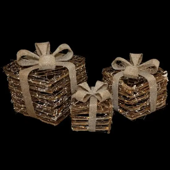 Lighted Rattan Gift Boxes with Burlap Bows Tabletop Christmas Decorations Set {7}