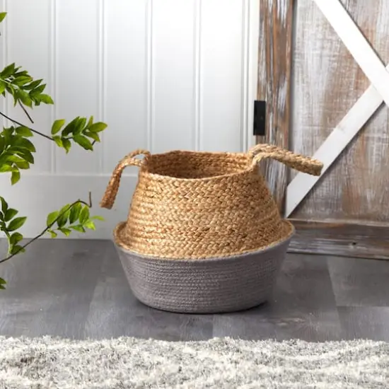 12" Boho Chic Handmade Cotton & Jute Gray Woven Basket Planter {3}