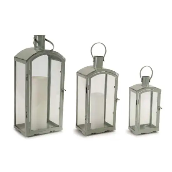 Aqua Metal & Glass Lantern Set, 12.5'', 16.5'', 21'' {1}