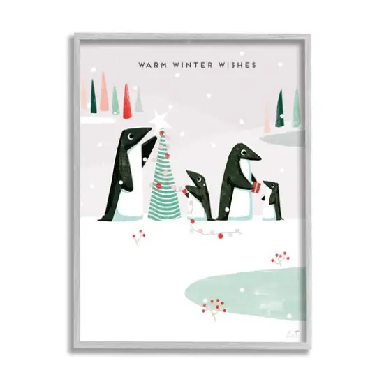 Stupell Industries Warm Winter Wishes Snowy Penguins Framed Giclee Art Gray {1}