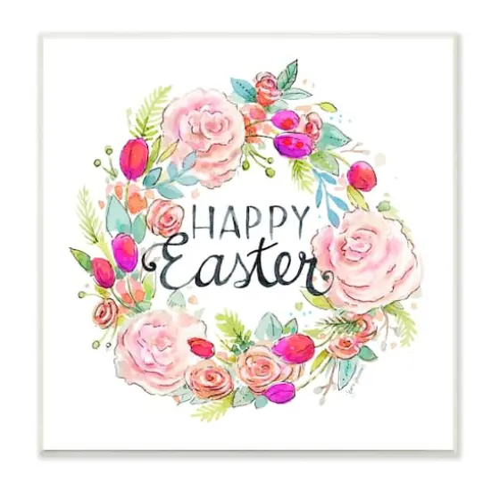 Stupell Industries Happy Easter Vivid Pink Floral Blossom Border Wall Plaque Art {1}
