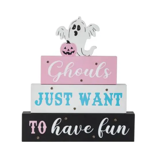 Glitzhome® 11.75"H Halloween Lighted Pink Wooden Ghost Block Word Sign {7}