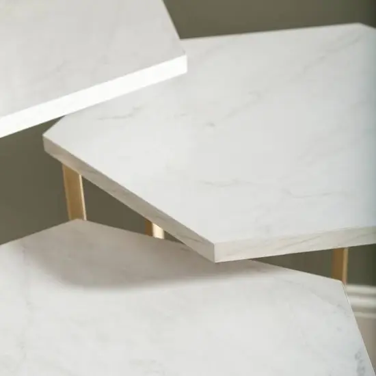 Walker Edison Faux White Marble/Gold Hexagon Modern Nesting Tables Set {5}