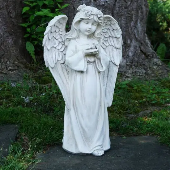 20.5" Gray Standing Girl Angel Holding a Bird Outdoor Statue {3}