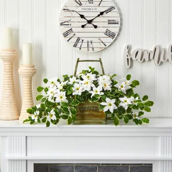 18&rdquo; White Poinsettia & Variegated Holly Artificial Plant in Vintage Decorative Basket {4}