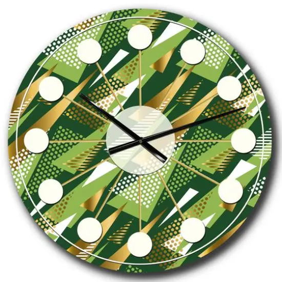 Designart 'Triangular Gold And Green Design I Mid-Century Modern Wall Clock {1}
