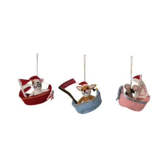 Hello Honey&reg; Handmade Wool Felt Animal in Sailboat Ornament Set with Applique & Embroidery {1}