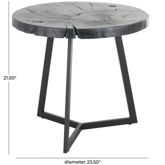 21.5" Black Teak Wood Handmade Live Edge Accent Table with Black Metal Base {9}