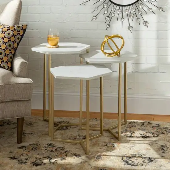 Walker Edison Faux White Marble/Gold Hexagon Modern Nesting Tables Set {4}