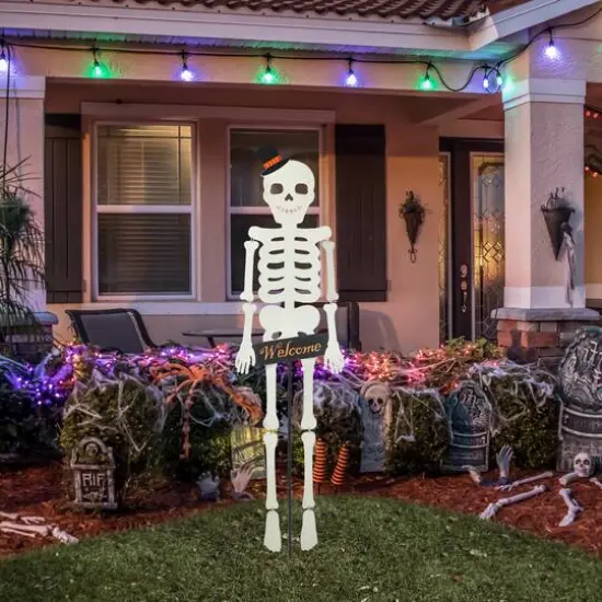 Glitzhome&reg; 60" Halloween "WELCOME" Metal Dangling Skeleton Yard Stake {4}