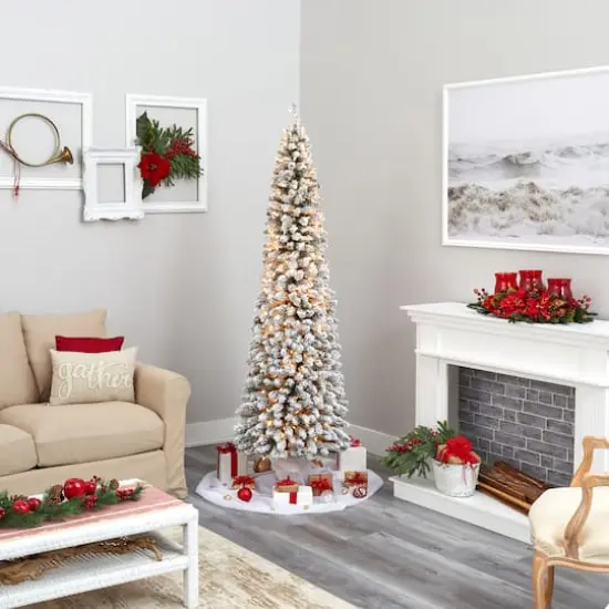 7ft. Pre-Lit Flocked Pencil Artificial Christmas Tree with Clear LED Lights {7}