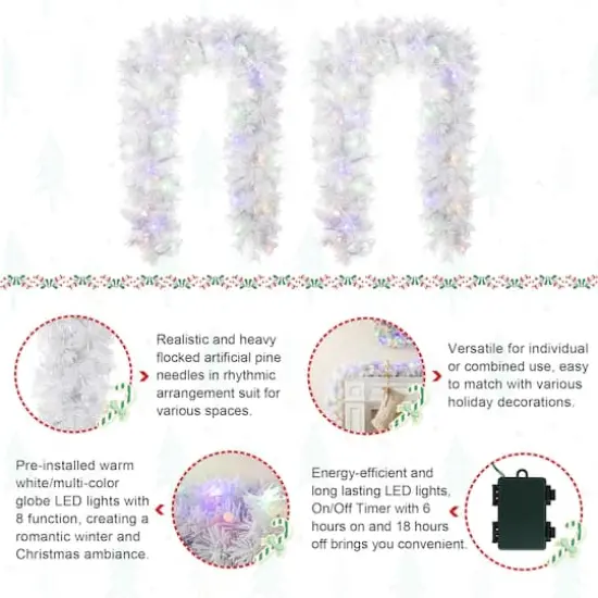 Glitzhome&reg; 6ft Pre-Lit Snow Flocked White Pine Christmas Garland with Timer, 2ct. {8}