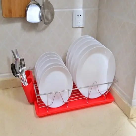 Kitchen Details Red 3-Piece Chrome Dish Rack with Tray {4}
