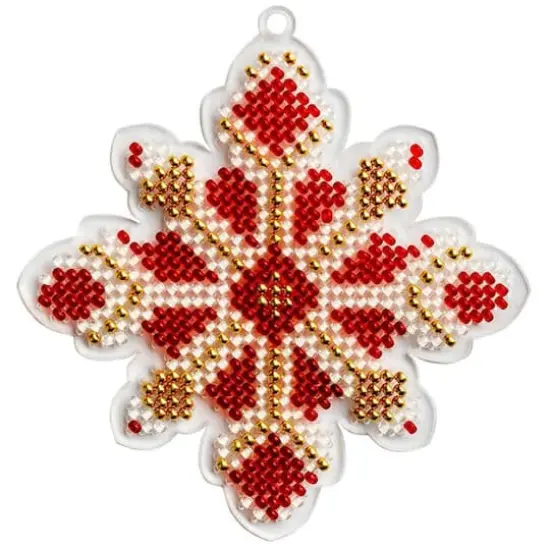 Wonderland Crafts Red & Gold Fair Isle Snowflake Ornament Bead Embroidery on Plastic Kit {1}