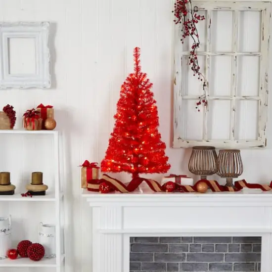 3ft. Pre-Lit Red Artificial Christmas Tree, Warm White LED Lights {10}