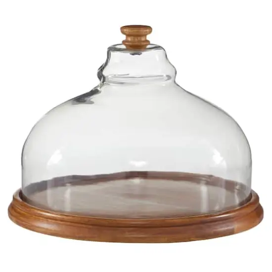 Brown Wood and Glass Natural Cake Stand with Cloche, 10" x 13" x 13" {1}
