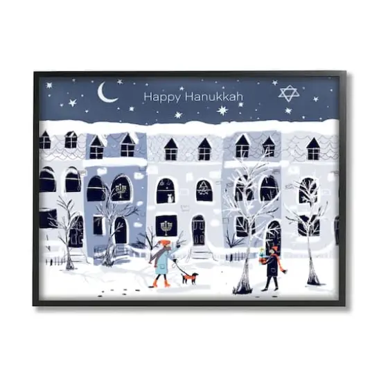 Stupell Industries Happy Hanukkah Winter City Scene Framed Giclee Art Black {1}