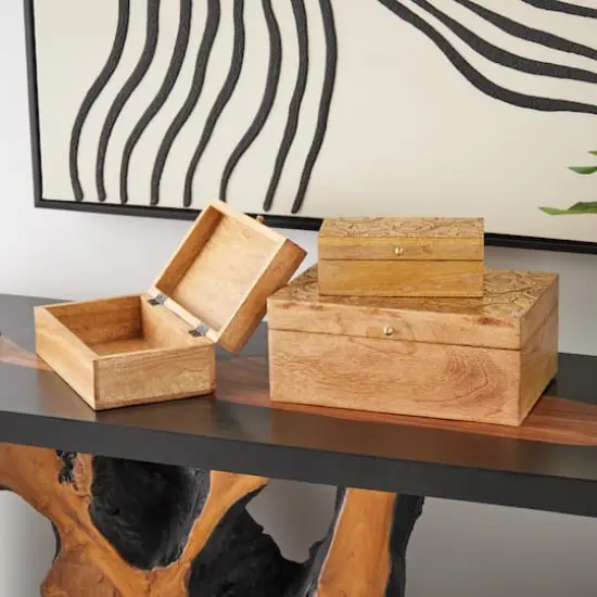 Brown & Gold Mango Wood Scroll Storage Box Set {3}