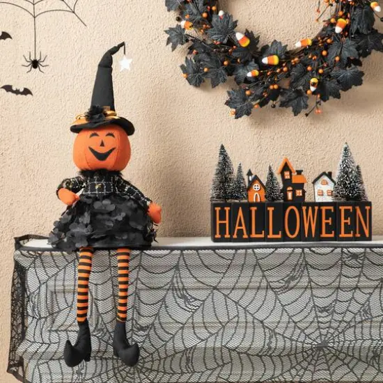 Glitzhome&reg; 30" Halloween Fabric Dressed Pumpkin Sitter {3}