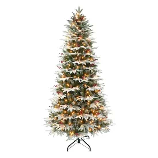 6.5ft. Pre-Lit Flocked Slim Halifax Fir Artificial Christmas Tree with Red Berries & Pinecones, Clear Lights {1}