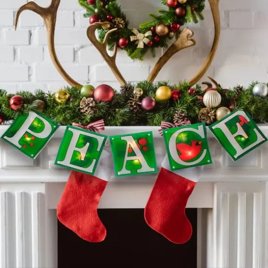 4.5ft. Shimmering Green Lighted Peace Garland {4}