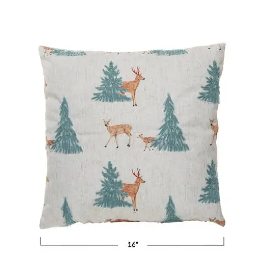 Hello Honey&reg; 16" x 16" Square Natural, Green & Brown Fabric Blend Pillow with Embroidered Deer & Trees {5}