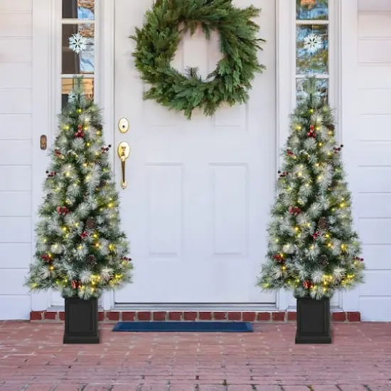 2 Pack 5ft. Pre-Lit Pine Artificial Christmas Porch Tree, Warm White LED Lights {3}