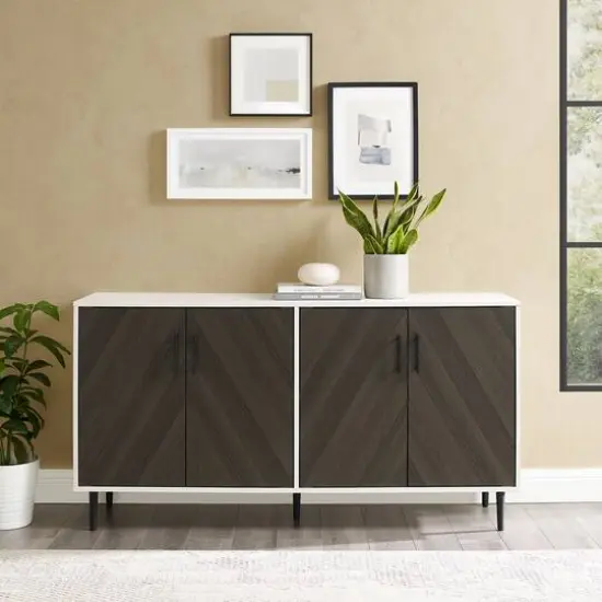 Walker Edison 58" Ash Brown Bookmatch & White Mid Century Modern TV Buffet {3}