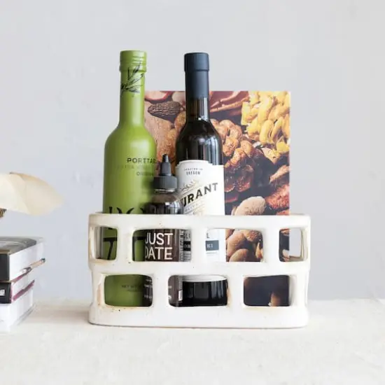 Hello Honey&reg; Distressed Matte White Stoneware Food Storage Basket {3}