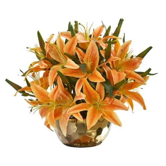 14" Lily Arrangement in Gold Vase Orange {1}