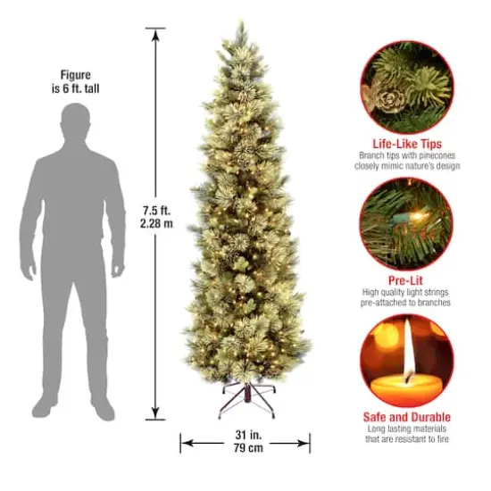 7.5 ft. Pre-Lit Carolina Pine Slim Artificial Christmas Tree with Flocked Pine Cones, Clear Lights {6}