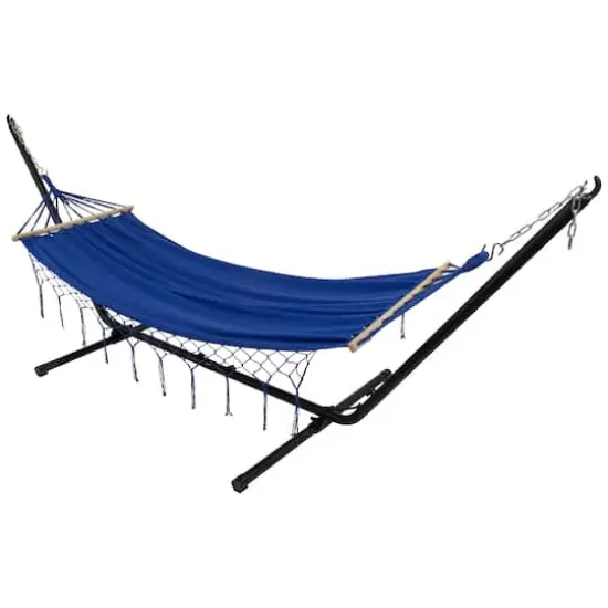 100" x 41" Hammock with Netted Fringe & Wooden Bars Blue {4}