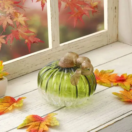 Glitzhome&reg; Short Crackle Glass Pumpkin, Green {10}
