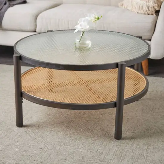 34" Brown Rattan Coffee Table with Pressed Tempered Glass Top {9}