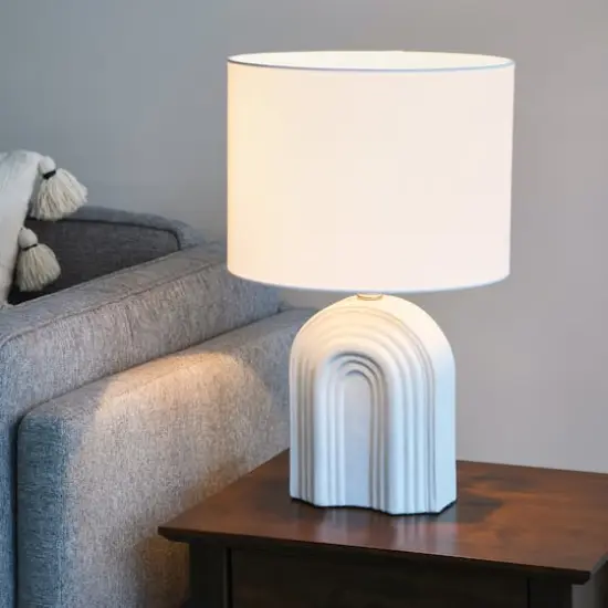 Hello Honey&reg; 19" Carved Arch Stoneware Table Lamp with Linen Drum Shade White {4}