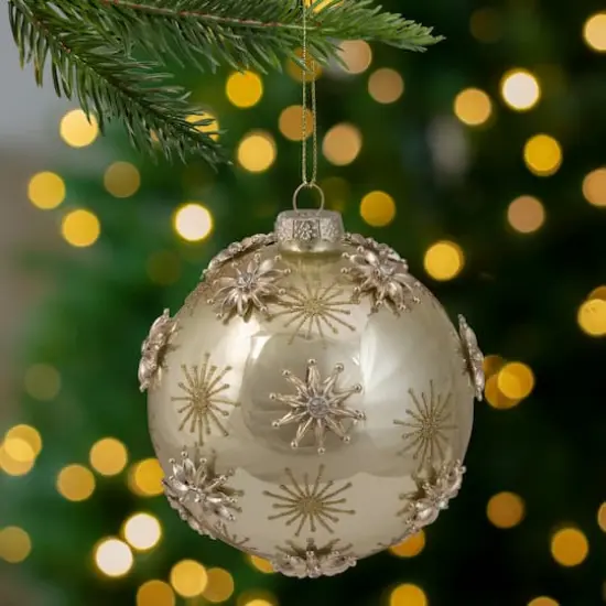 4.5" Shiny Gold Starburst Glass Ball Ornament {3}