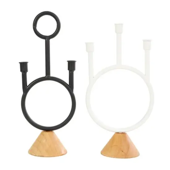 Black & White Metal Abstract Circular Ring Candle Holder with Wooden Cone Bases Set {10}