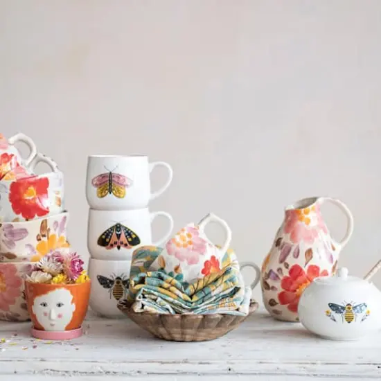 Hello Honey&reg; 7.5" Multicolor Painted Florals Organically Shaped Edge Stoneware Pitcher {5}