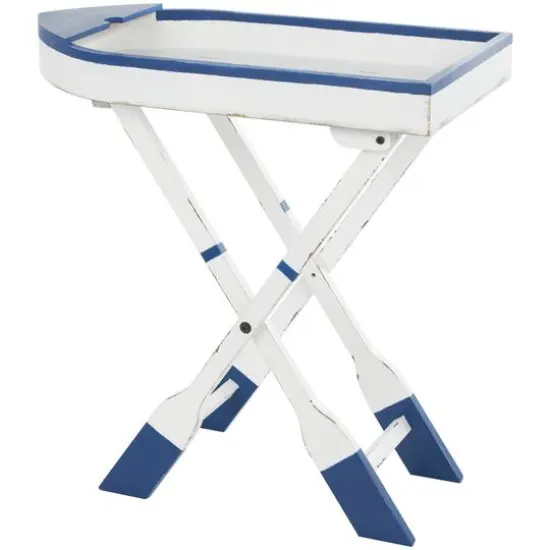 28" White & Blue Foldable Tray Top Accent Table {1}