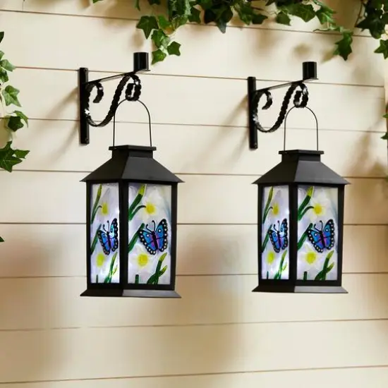Glitzhome&reg; 11" Glass with Butterfly & Flower Pattern Solar Powered Hanging Lanterns, 2ct. {4}