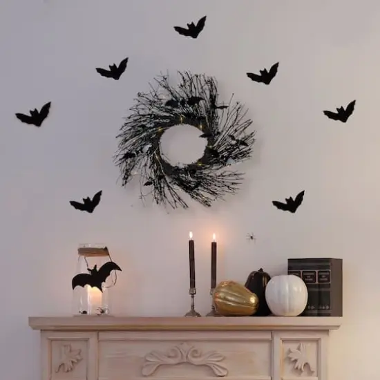 22" Black Pre-Lit Halloween Twig Wreath with Bats {1}