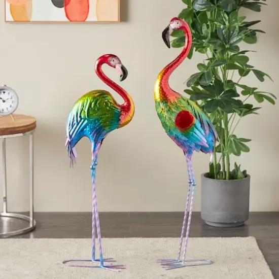 Tall Rainbow Textured Metal Flamingo Garden Sculpture Set {3}
