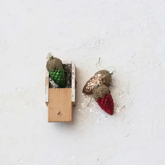 Hello Honey&reg; 12 Pack 3.5" Red, Green & Gold Round Glass Pinecone Ornaments with Glitter {3}