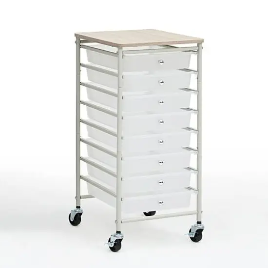 SunnyPoint Wooden Top Compact Rolling Storage 8 Drawers Organizer Mobile Utility Cart White {1}