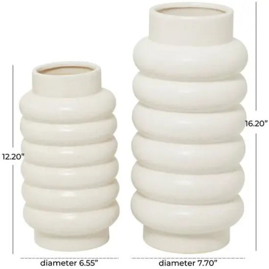 CosmoLiving by Cosmopolitan White Ceramic Vase with Ring Ribbing Set of 2 16", 12" {6}