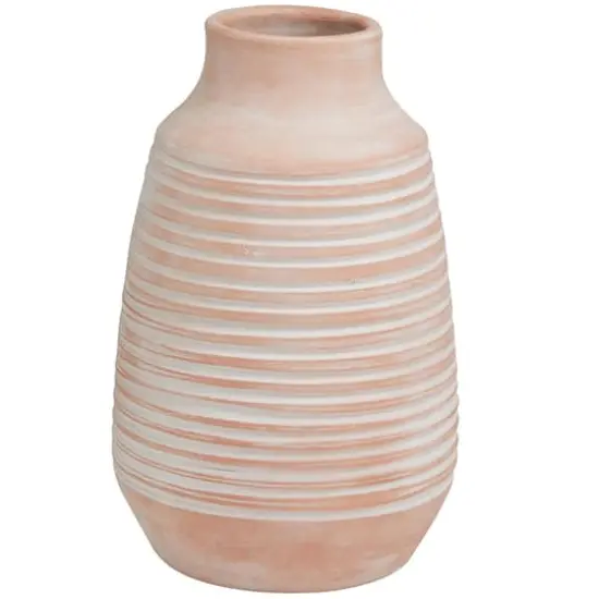 15" Pink Whitewashed Ribbed Terra Cotta Vase {1}