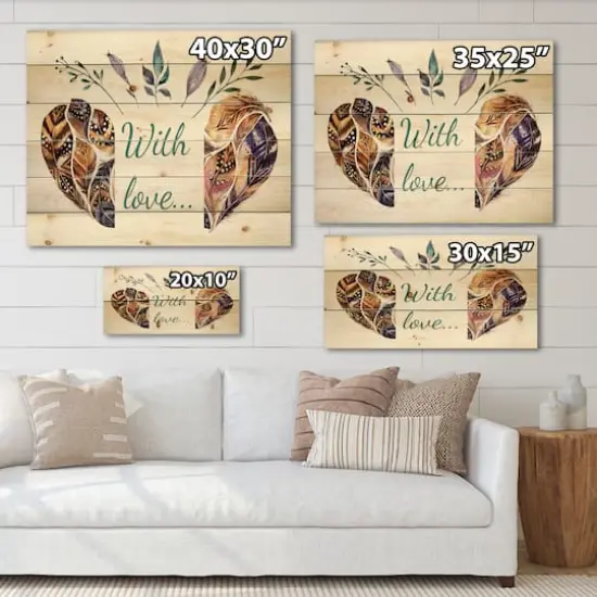 Designart - Hearted Shaped Valentine Feathers - Traditional Print on Natural Pine Wood {6}